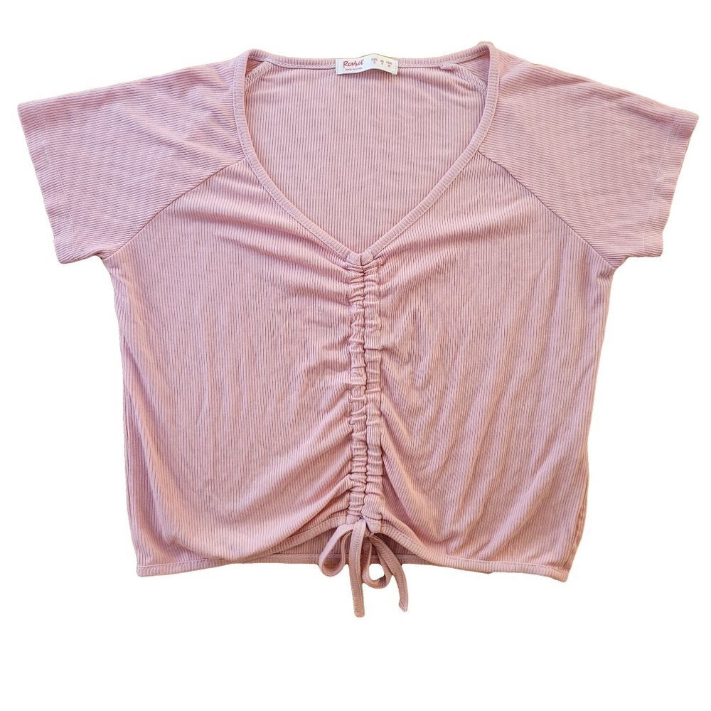 Women's Tee, Drawstring Ribbed Crop V-neck Pink Top, S